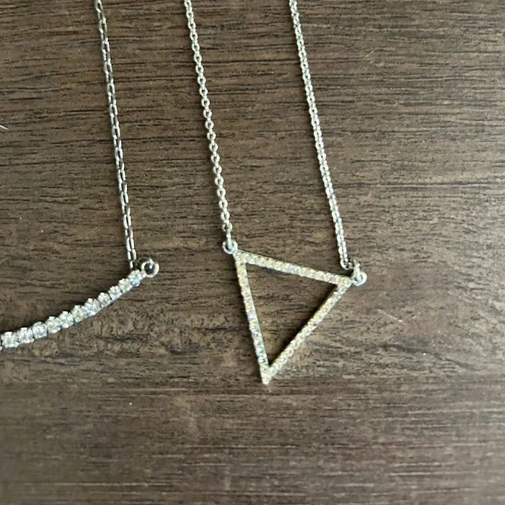 Lot of 3 Silver Necklaces Layered Hearts Diamond Bar & Triangle Necklace Set